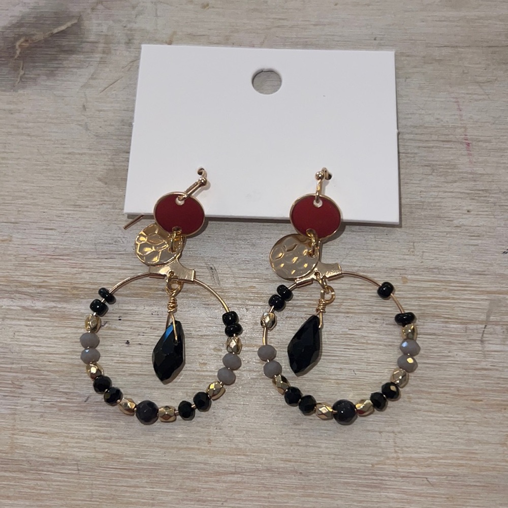 Beaded dangle hoops gold color